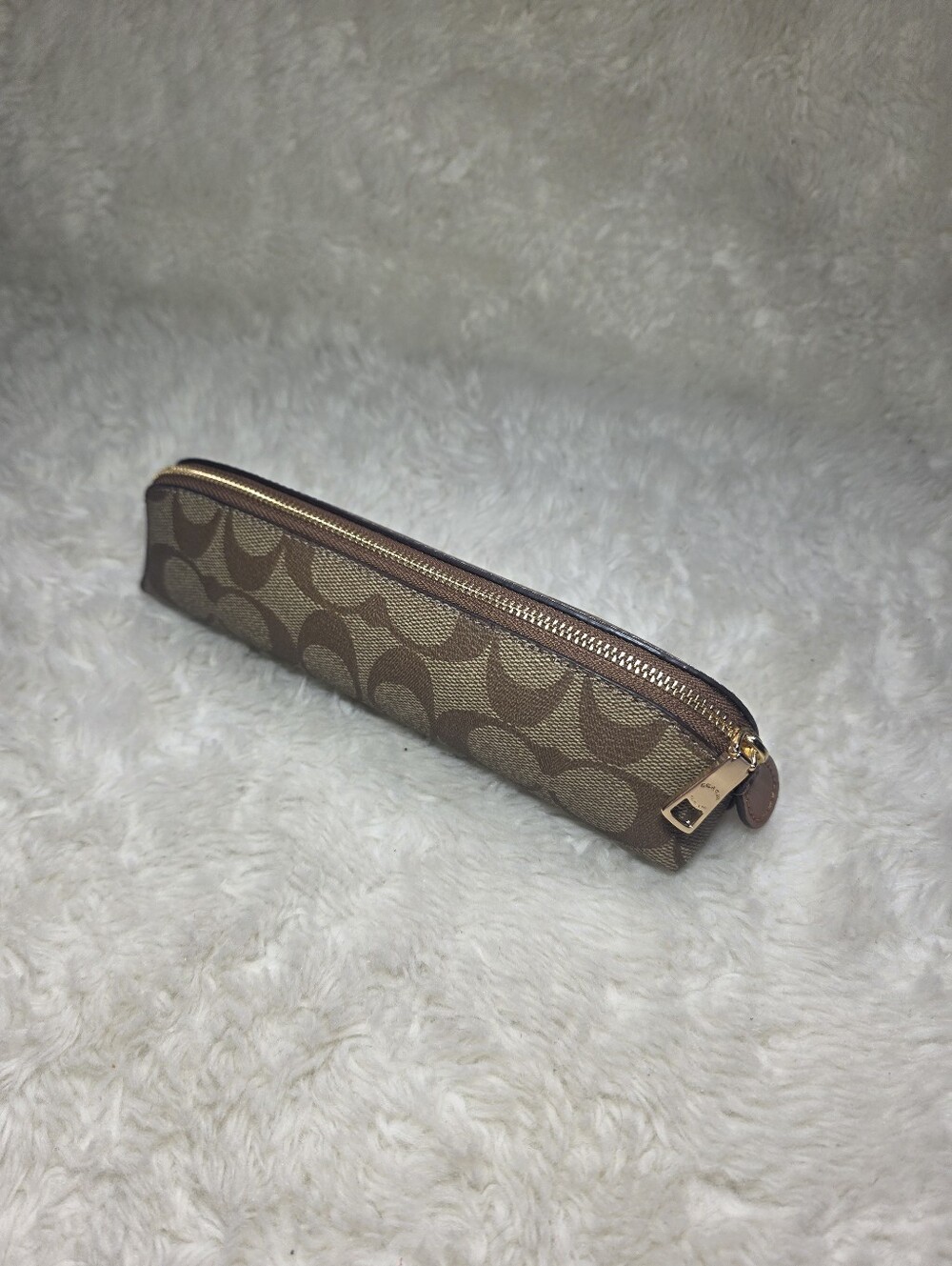NWT Coach Signature Canvas Pencil Case Brown Tan Gold Logo Pouch Cosmetic Pencil